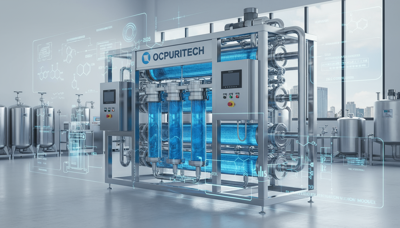 Ocpuritech advanced water ultrafiltration system in an industrial facility with detailed technical schematics and clear blue water flow.