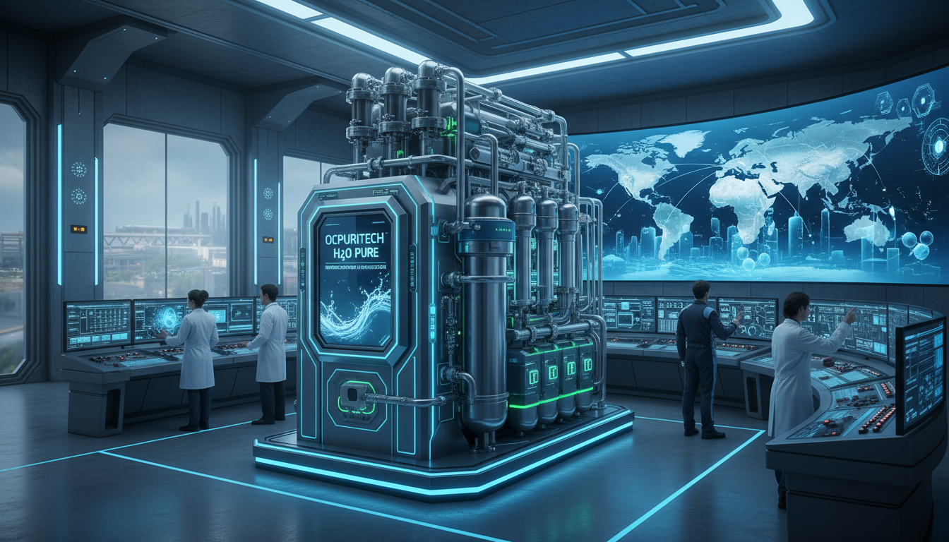 Ocpuritech high-tech water purification module integrating reverse osmosis and ultrafiltration, showcased in a modern control room.