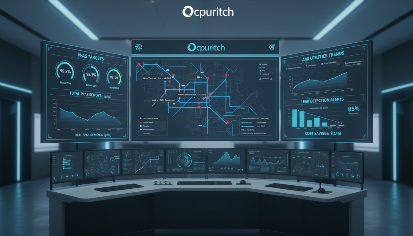 Ocpuritech control room UI showing PFAS targets, GIS map, and AMI trends for utilities - Regulatory and Market Trends Influencing Water Treatment Plants