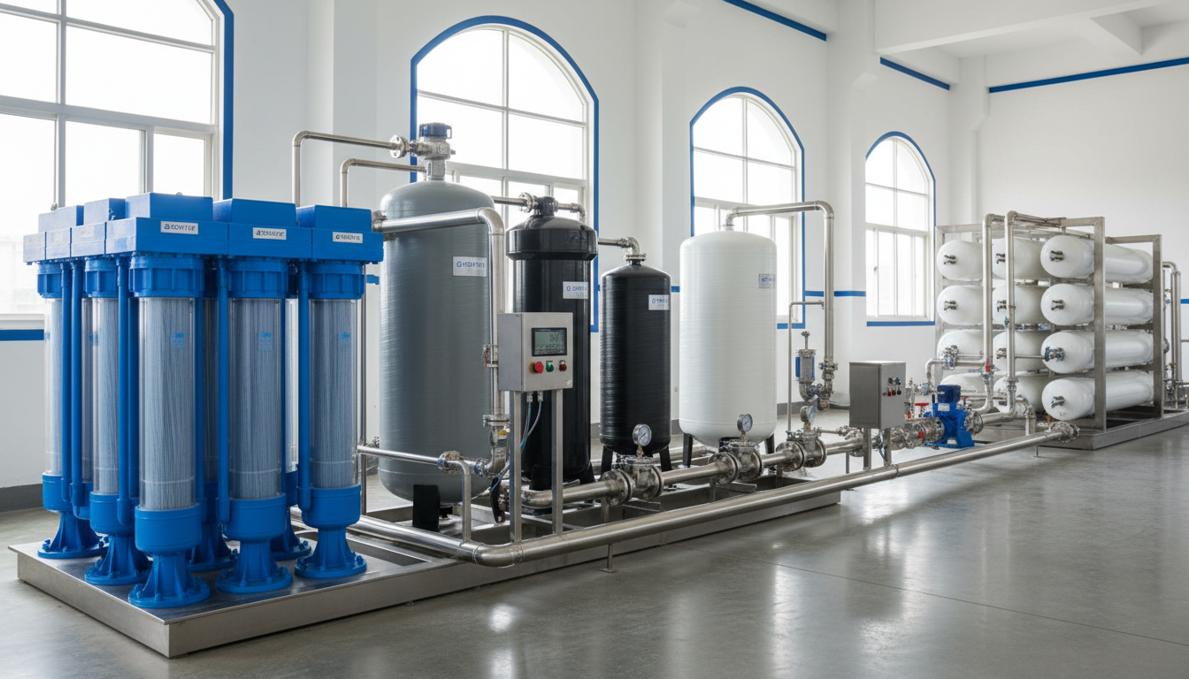 Integrated pretreatment line by Ocpuritech: Ultrafiltration modules, sand filter, carbon filter, softener in sequence, SDI gauge stabilized, piping layout neat, extending RO membrane life, modern industrial water hall